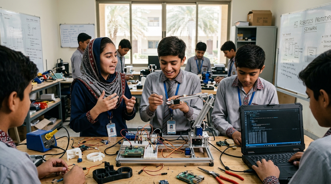Students building AI prototypes in Sehwan